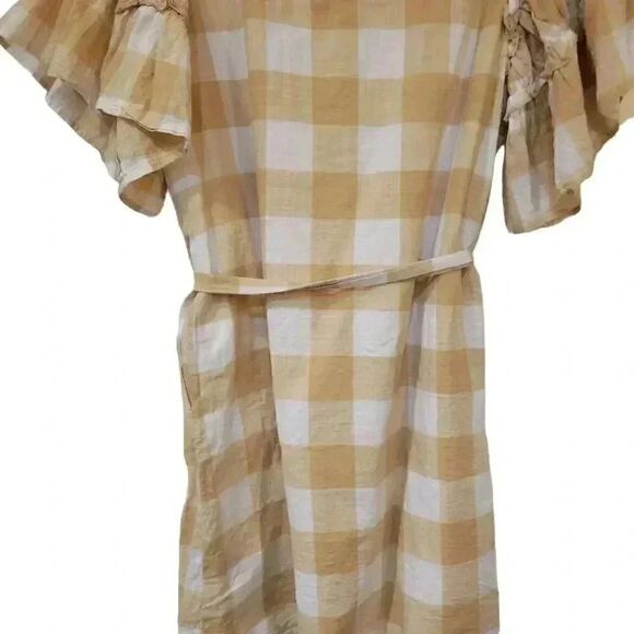 Who What Wear Women's Tan & White Cotton Large Gingham Checked Lined Dress w Ruf - Picture 10 of 14